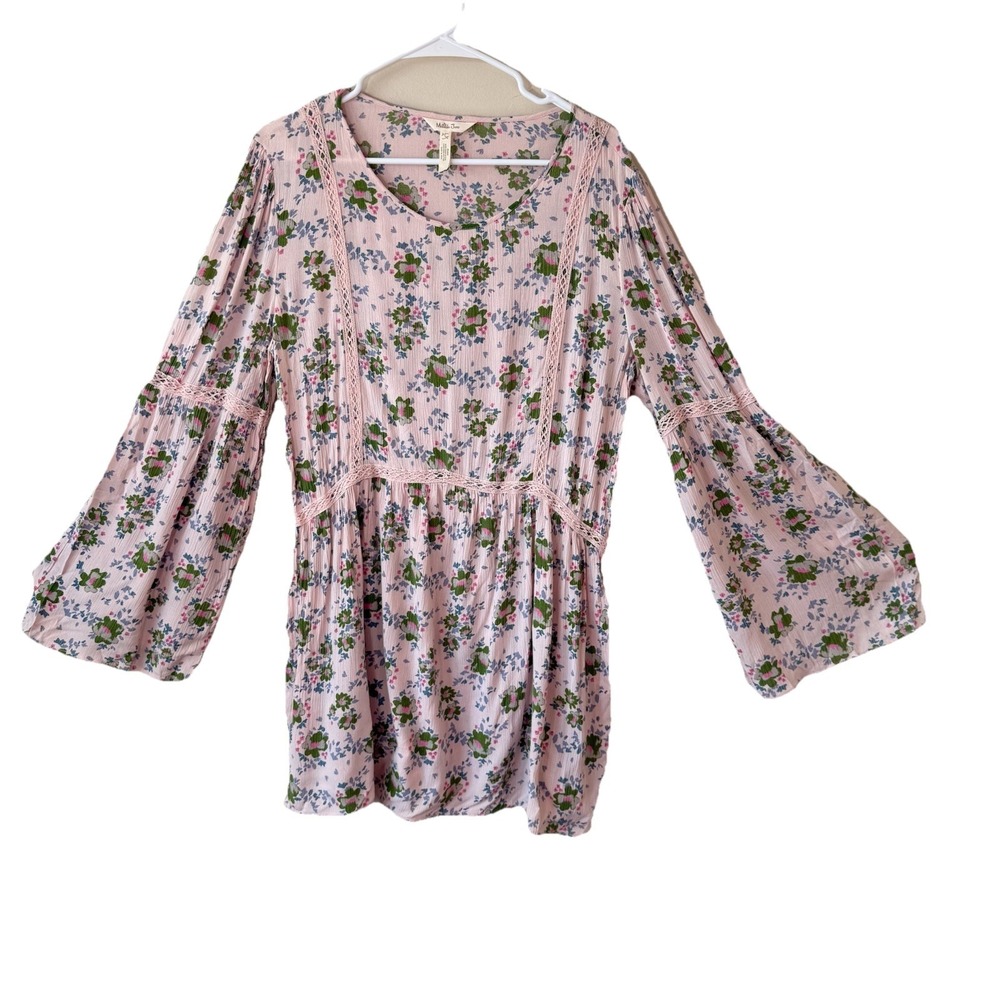 Matilda Jane Floral Pink Boho Peasant Top Bell Sleeve Lace Trim Blouse Large
